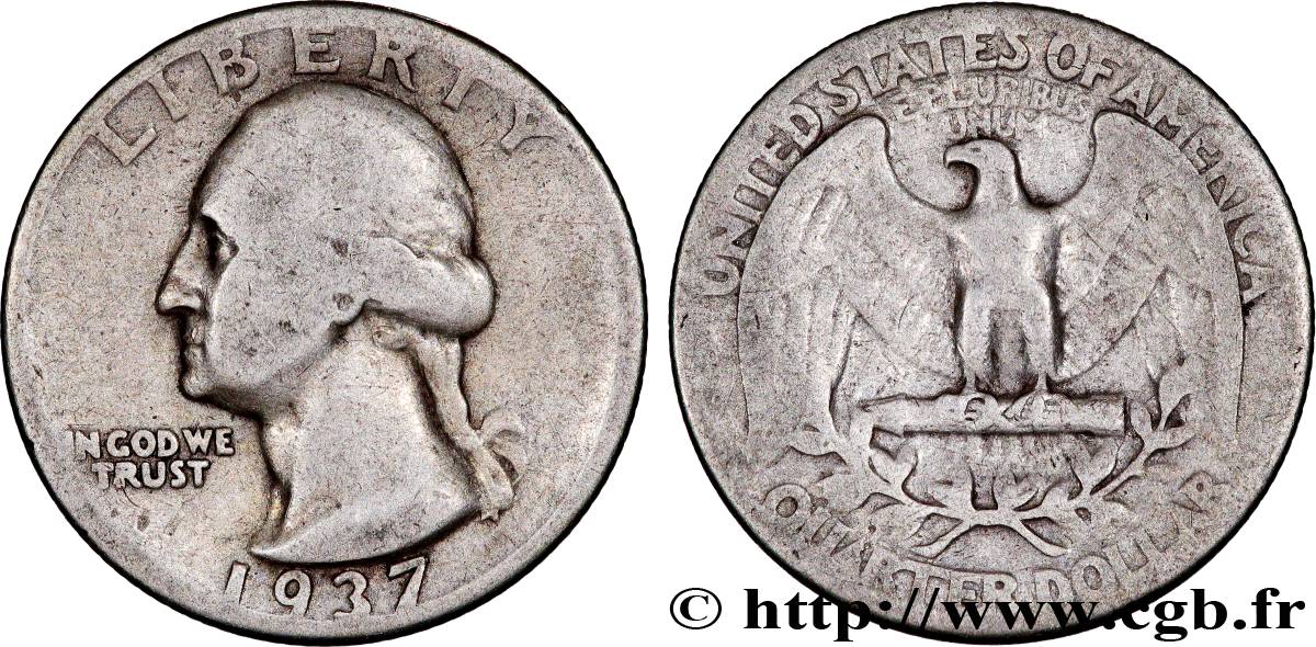 ÉTATS-UNIS D AMÉRIQUE 1/4 Dollar Georges Washington 1937 Philadelphie TB 