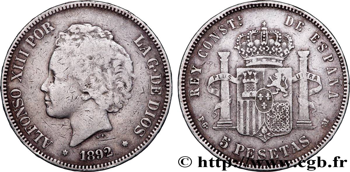 ESPAGNE 5 Pesetas Alphonse XIII 2e type 1892 Madrid TB+ 