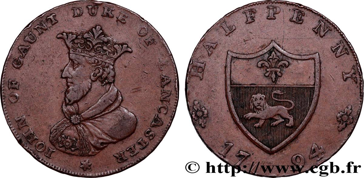 ROYAUME-UNI (TOKENS) 1/2 Penny Lancaster, Jean de Gand 1794  TTB 