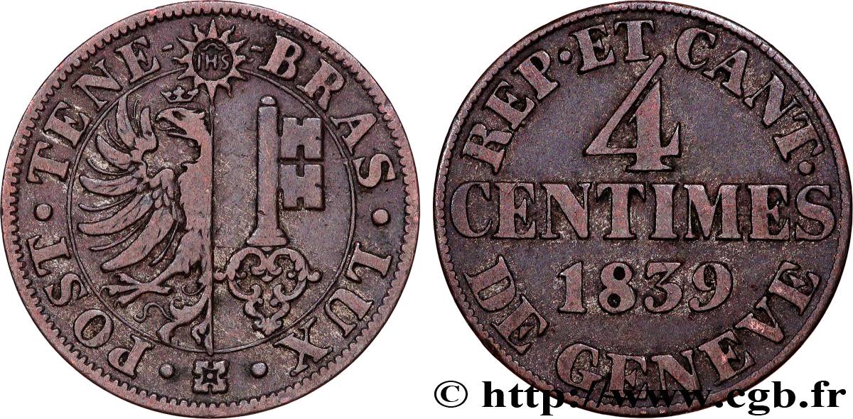 SUISSE - RÉPUBLIQUE DE GENÈVE 4 Centimes - Canton de Genève 1839  TTB
 