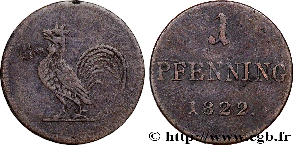 ALLEMAGNE - VILLE LIBRE DE FRANCFORT 1 Pfenning (Judenpfennig) 1822  TB+ 