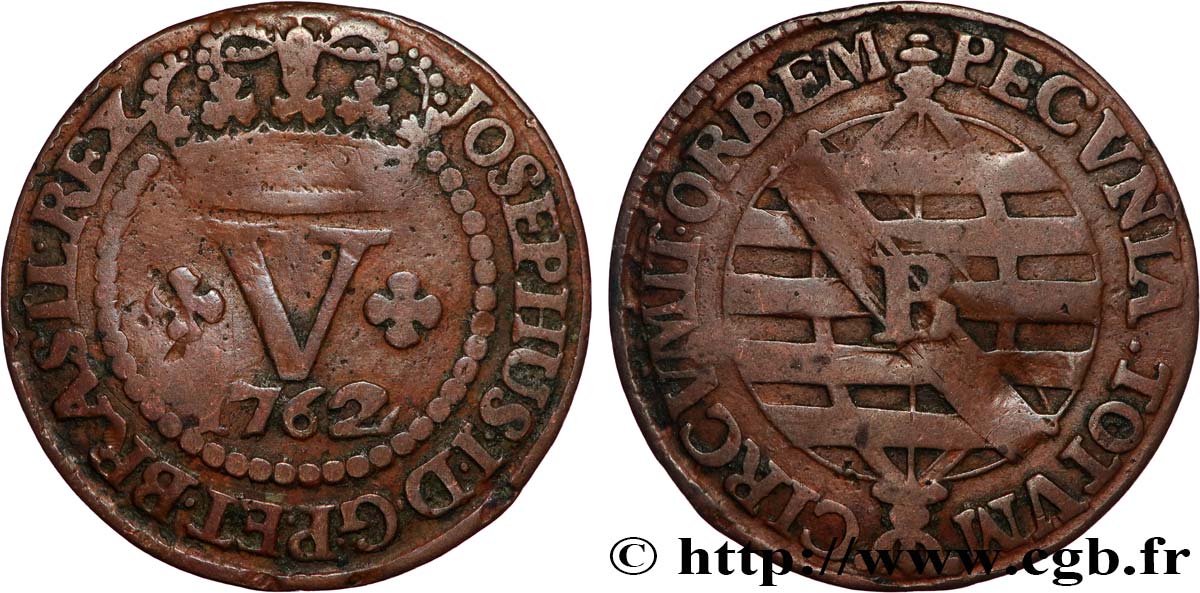 BRAZIL - JOSEPH I 5 Reis  1762
 Bahia VF 