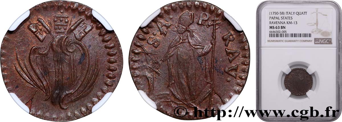 ITALIA - STATO PONTIFICIO - BENEDETTO XIV (Prospero Lambertini) Quattrino n.d. Ravenne MS63 NGC