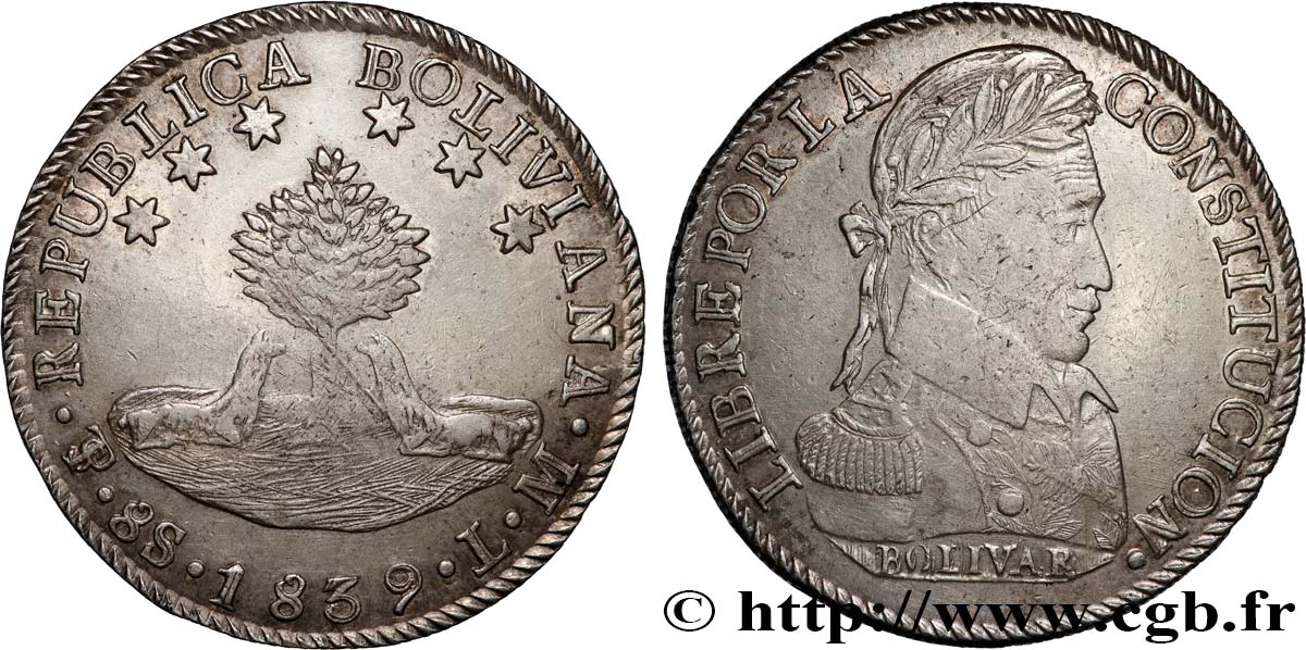 BOLIVIA 8 Soles Simon Bolivar 1839 Potosi MBC 