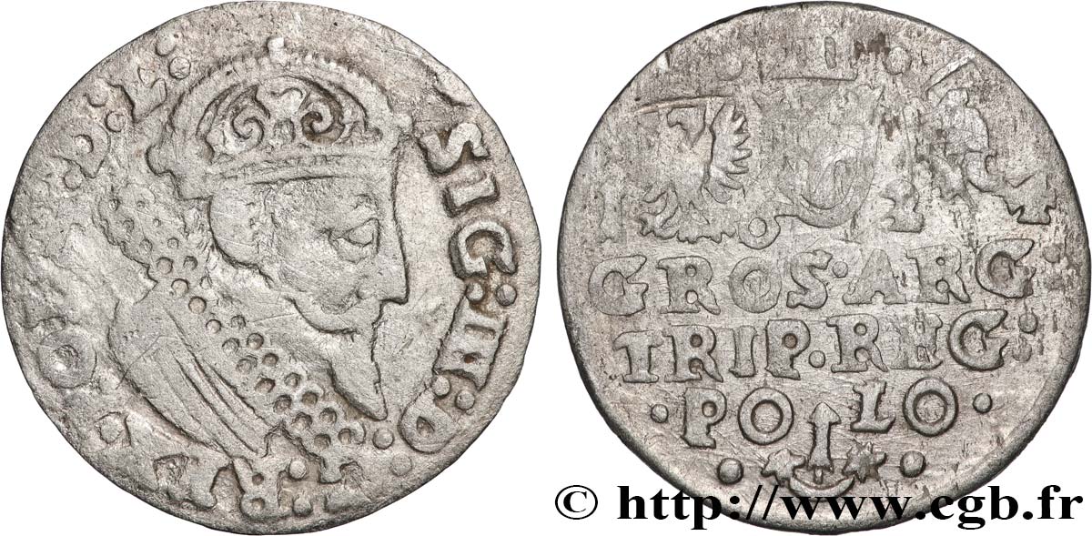 POLOGNE - ROYAUME DE POLOGNE - SIGISMOND III VASA Trois groschen ou trojak koronny 1624 Cracovie TB+ 