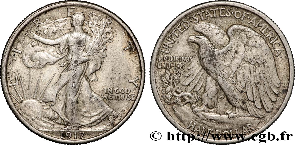 STATI UNITI D AMERICA 1/2 Dollar Walking Liberty 1917 Philadelphie BB 