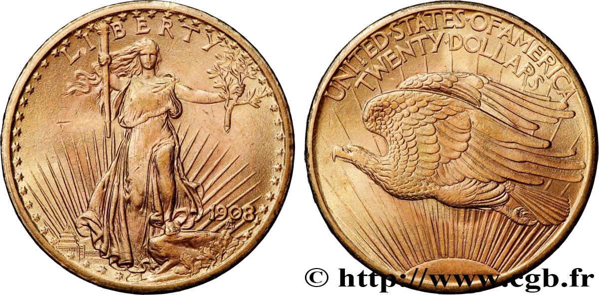 INVESTMENT GOLD 20 Dollars “Saint-Gaudens” 1908 Philadelphie MBC+ 