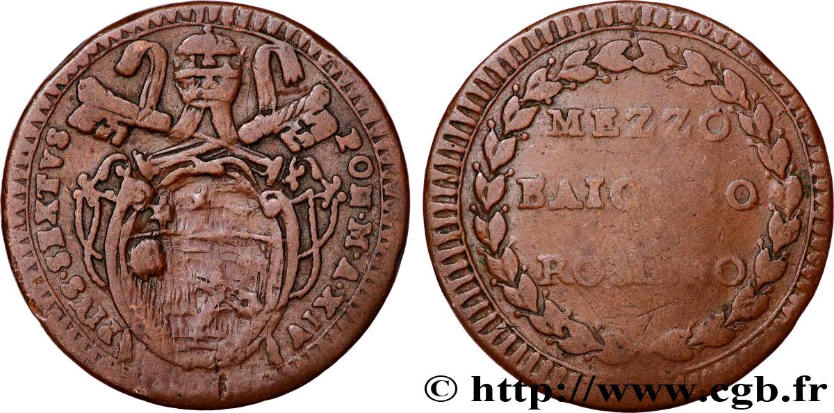 ITALIE - STATO PONTIFICIO - PIUS VI (Giovanni Angelo Braschi 1/2 (Mezzo) Baiocco an XIV (1788) Rome MB 