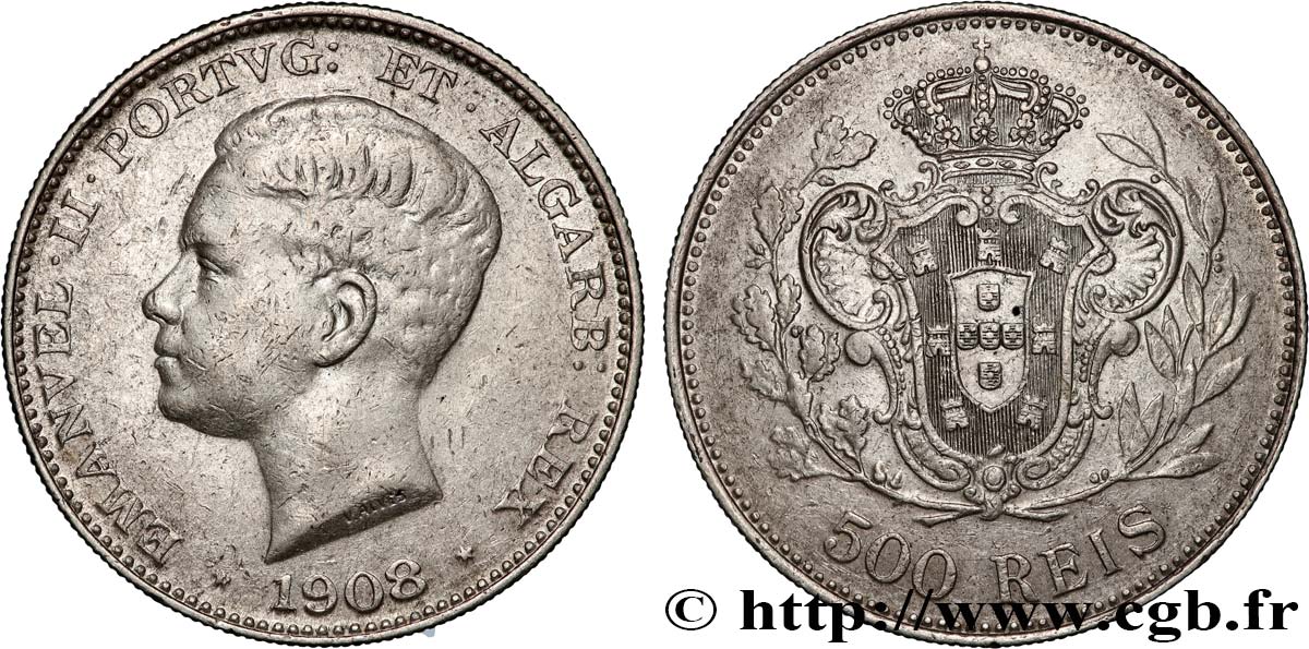 PORTUGAL 500 Réis Manuel II 1908  TTB 