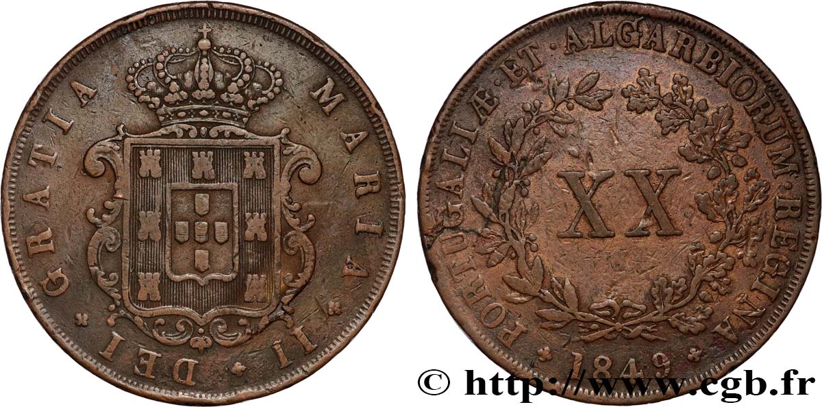 PORTUGAL - ROYAUME DE PORTUGAL - MARIE II  20 Reis  1849  TTB 