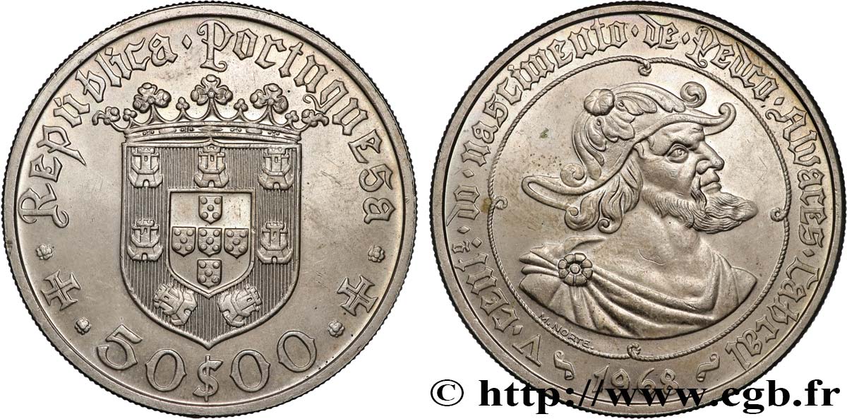 PORTUGAL 50 Escudos 500e anniversaire de la naissance de Pedro Alvares Cabral 1968  SUP 