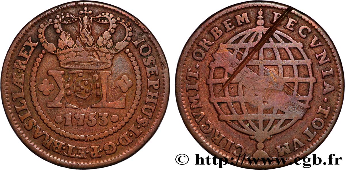 BRESIL - PRINCE JEAN REGENT 40 Réis contremarqué sur une 20 Réis de 1753 (1809) Lisbonne VF 