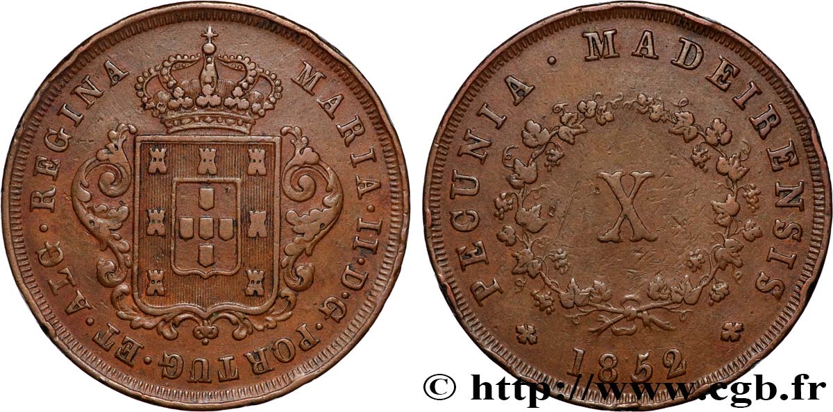 PORTUGAL -MARIE II  10 Réis  1852  XF 