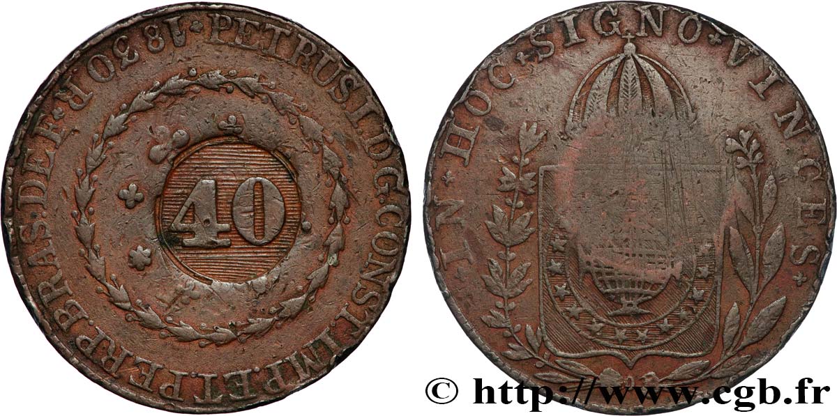 BRAZIL - EMPIRE OF BRAZIL - PETER II 40 Réis contremarqué sur une 80 Réis de 1830 1835 Rio de Janeiro XF 