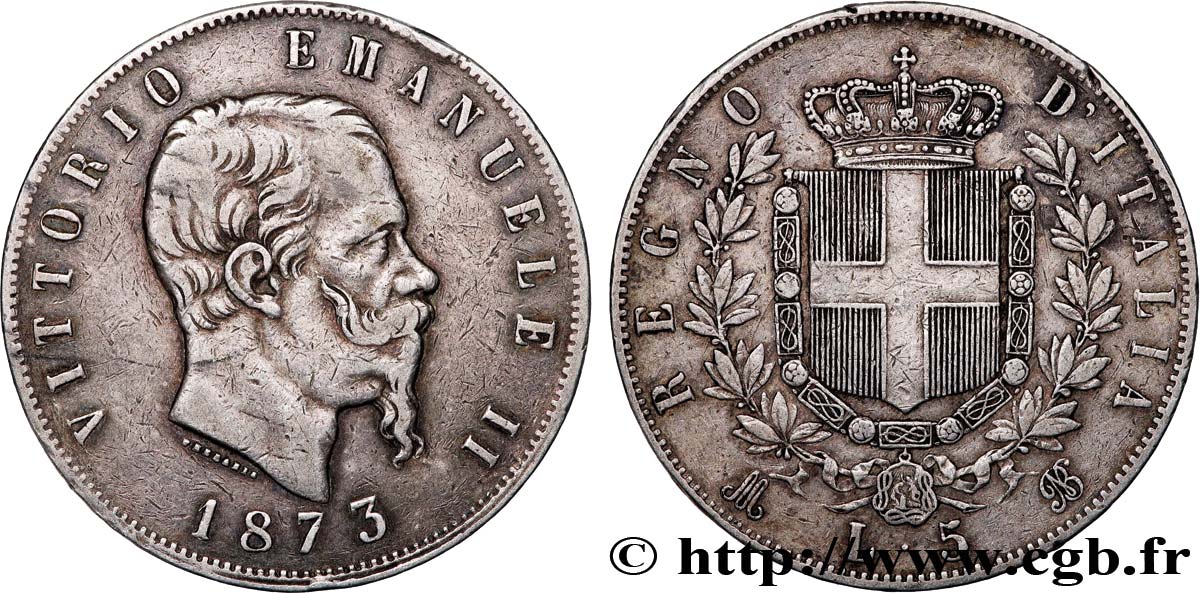 ITALIE 5 Lire Victor Emmanuel II 1873 Milan TTB 