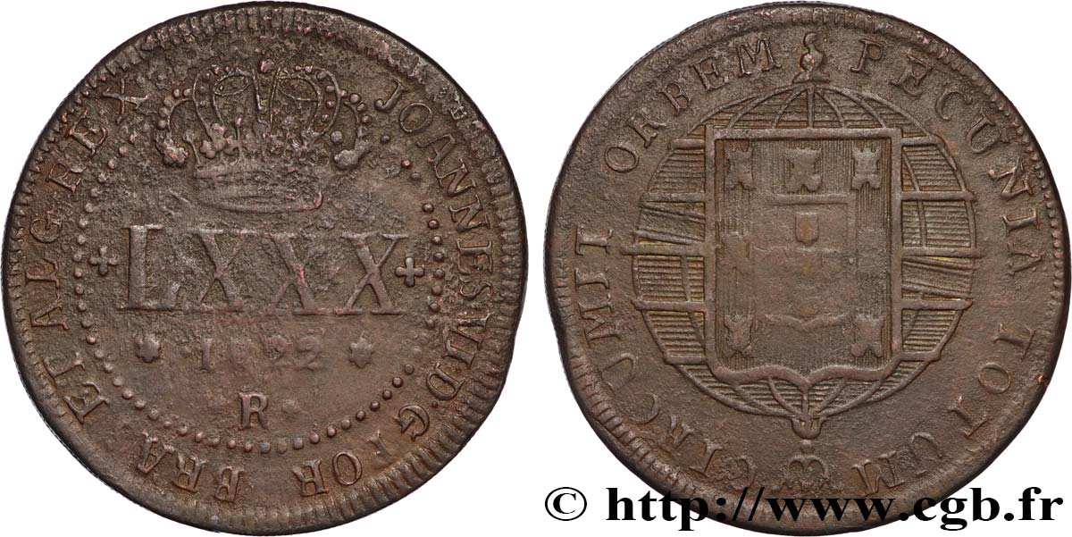 BRÉSIL - JEAN VI 80 Réis  1822 Rio de Janeiro VF 