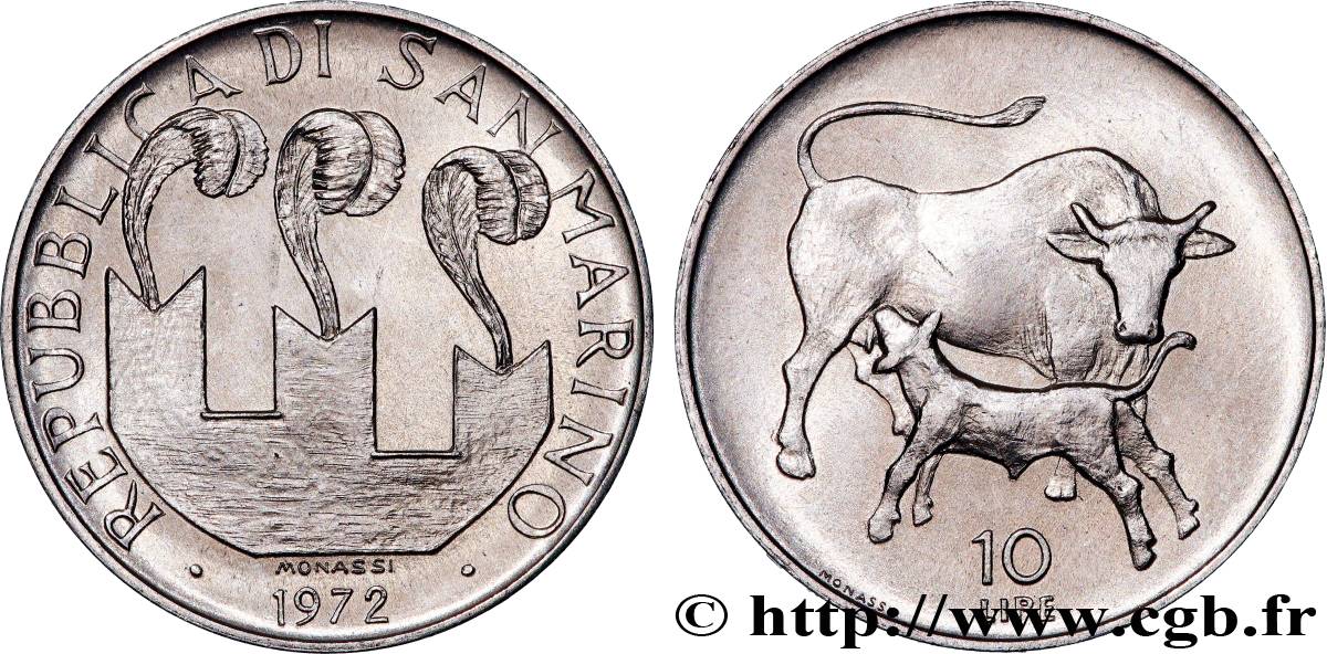 SAN MARINO 10 Lire 3 tours / vache allaitant un veau 1972  MS 