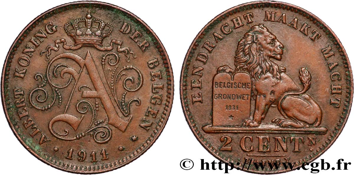 BELGIEN 2 Centiemen (Centimes) Albert Ier légende flamande 1911  fVZ 