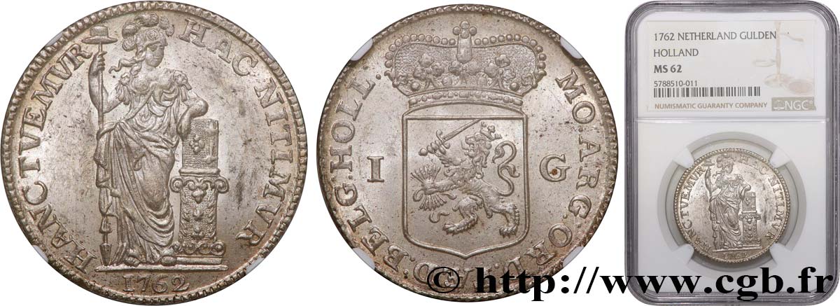 NETHERLANDS - HOLLAND 1 Gulden 1762  MS62 NGC