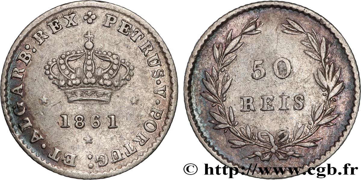 PORTUGAL - ROYAUME DU PORTUGAL - PIERRE V 50 Réis  1861  SS 