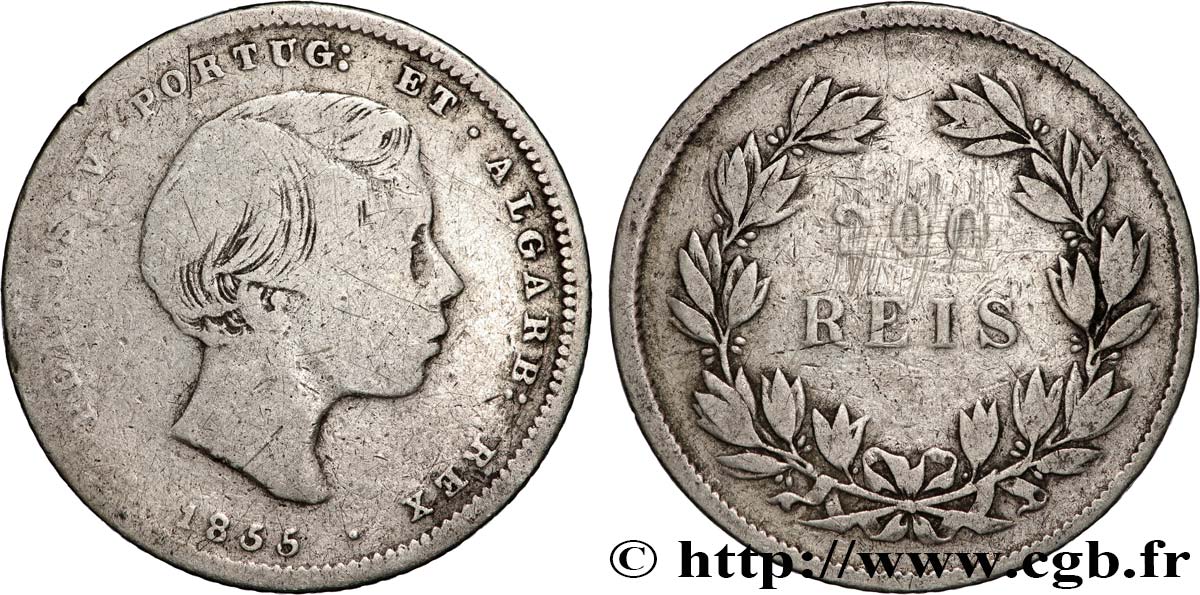 PORTUGAL 200 Réis Pierre V (Pedro) tête d’enfant 1855  TB 