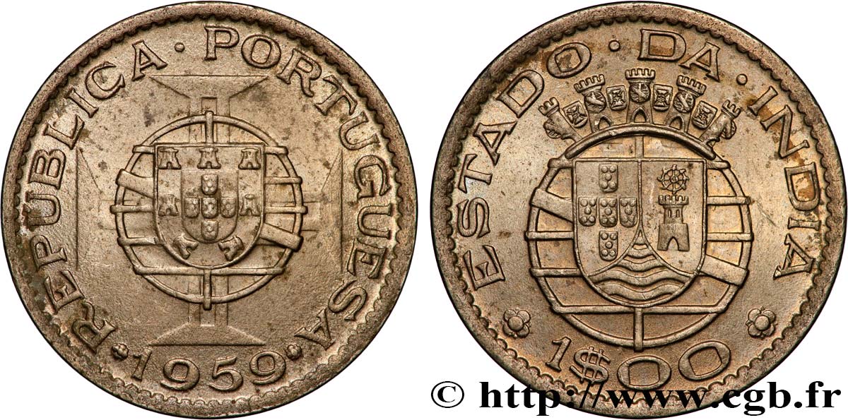 PORTUGUESE INDIA 1 Escudo emblème du Portugal / emblème de l’État portugais de l Inde 1959  AU 