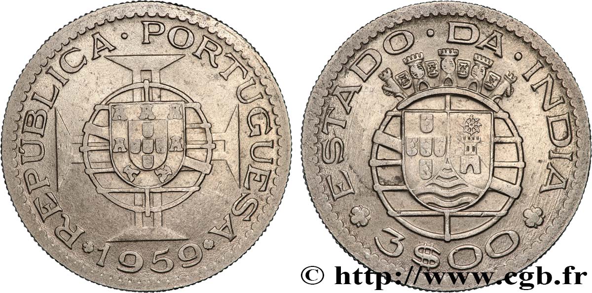 INDE PORTUGAISE 3 Escudos emblème du Portugal / emblème de l’État portugais de l Inde 1959  TTB+ 