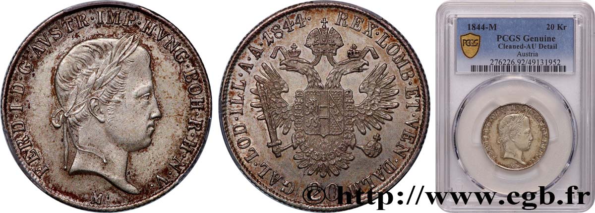 ITALIE - ROYAUME DE LOMBARDIE-VÉNITIE - FERDINAND Ier 20 Kreuzer  1844 Milan SUP PCGS