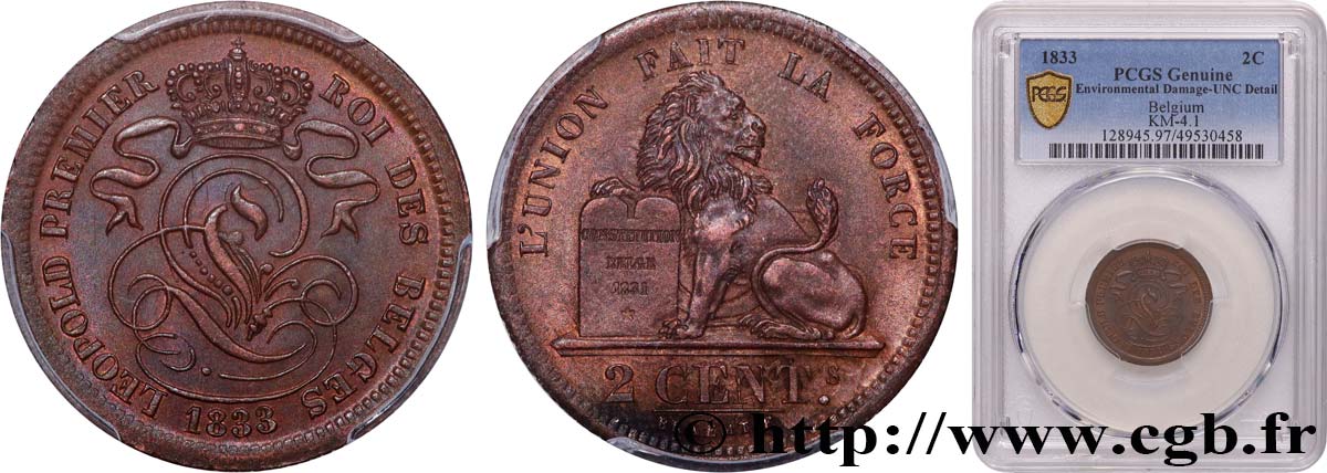 BELGIQUE 2 Centimes Léopold Ier 1833  SPL PCGS