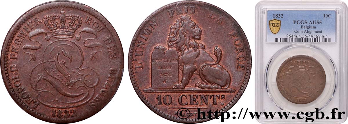 BELGIQUE 10 Centimes Léopold Ier 1832 Bruxelles SUP55 PCGS