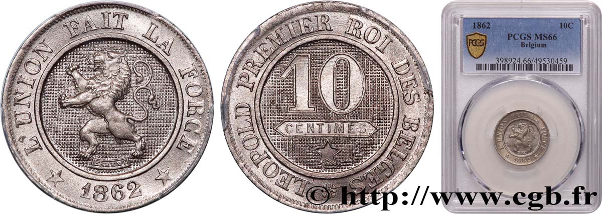 BELGIO 10 Centimes lion 1862  FDC66 PCGS