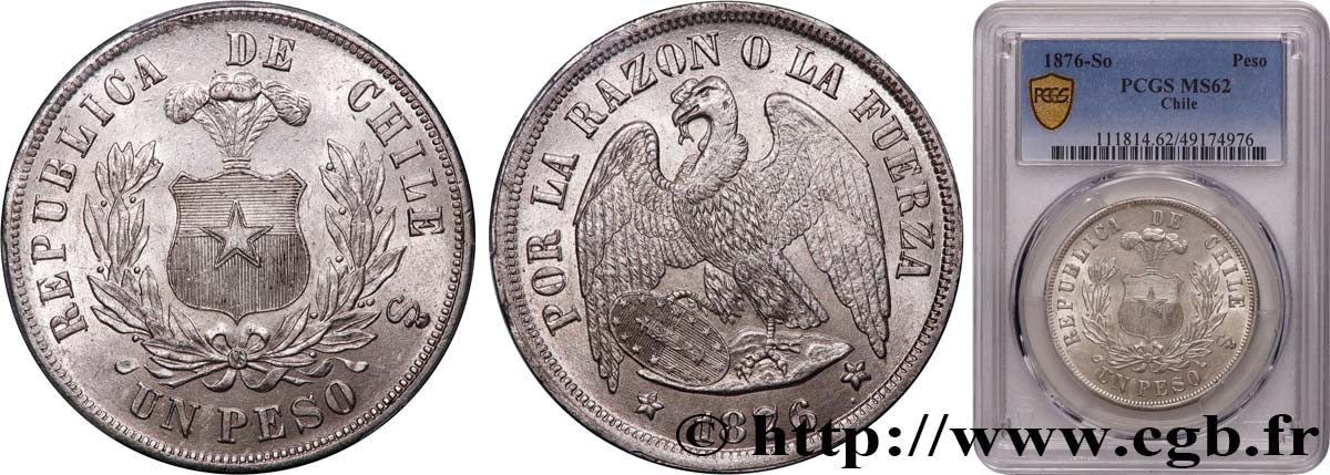 CHILE
 1 Peso condor 1876 Santiago - S° EBC62 PCGS