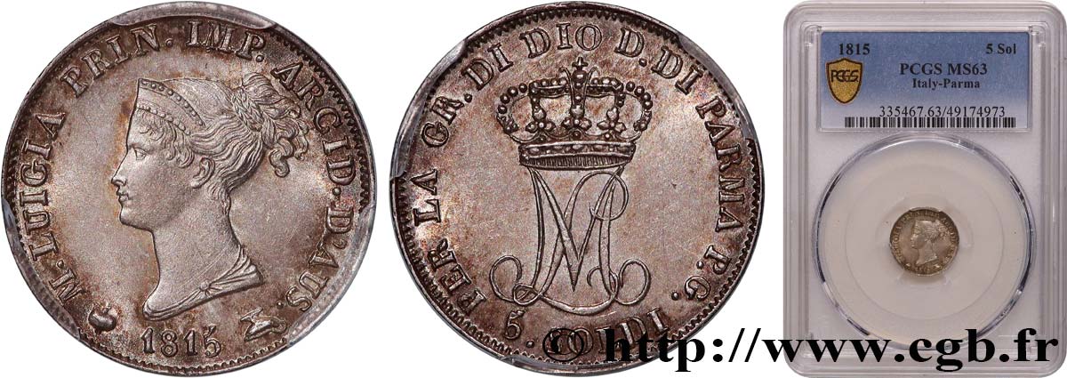 ITALIEN - HERZOGTUM PARMA PIACENZA UND GUASTALLA - MARIE-LOUISE VON ÖSTERREICH 5 Soldi  1815  Milan fST63 PCGS