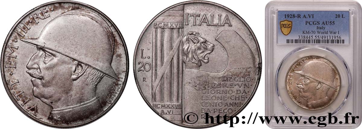 ITALIA - REGNO D ITALIA - VITTORIO EMANUELE III 20 Lire, 10e anniversaire de la fin de la Première Guerre mondiale 1928 Rome SPL55 PCGS