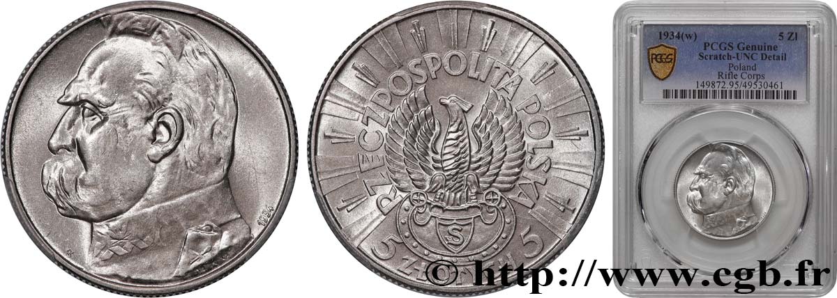 POLONIA 5 Zlotych Joseph Pilsudski 1934 Varsovie SC PCGS