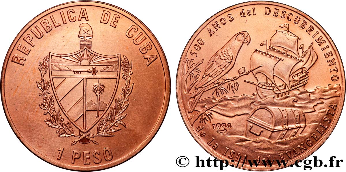 CUBA 1 Peso 500 ans de la découverte de l’Île de La Evangelista 1994 La Havane SUP 