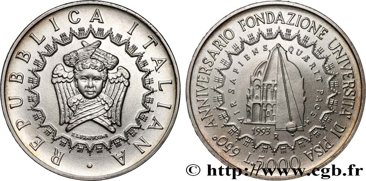 ITALY 5000 Lire 650e anniversaire fondation de l’Université de Pise, 2e émission 1993 Rome - R MS 