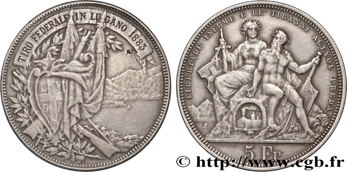 SWITZERLAND 5 Francs, concours de Tir de Lugano 1883  XF 