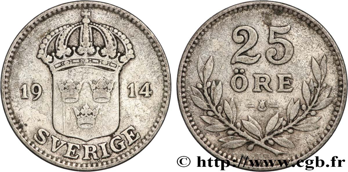 SWEDEN 25 Ore Gustave V 1914  XF 