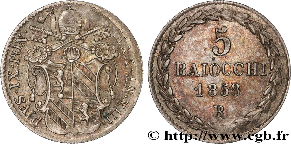 VATICAN ET ÉTATS PONTIFICAUX 5 Baiocchi Pie IX an XIII 1858 Rome SUP 