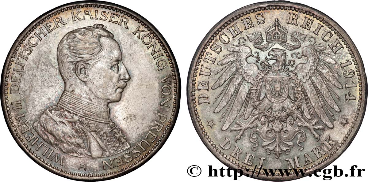 GERMANIA - PRUSSIA 3 Mark Guillaume II 1914 Berlin SPL 