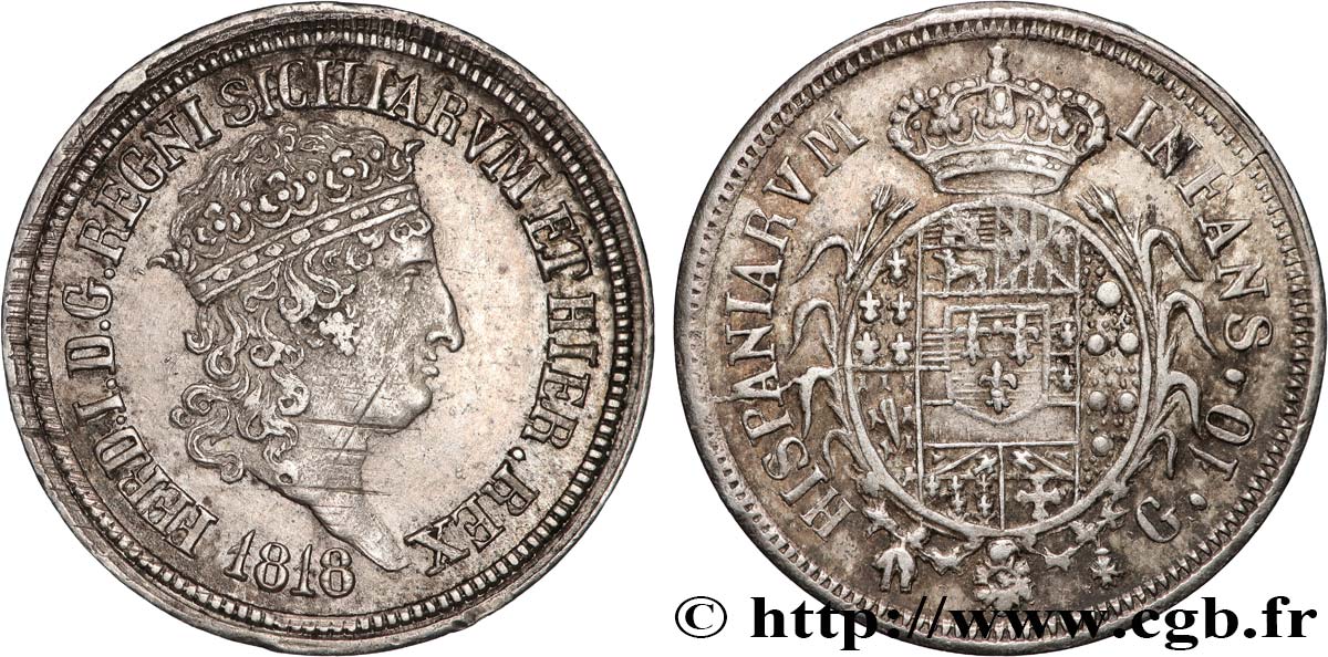 ITALY - KINGDOM OF THE TWO SICILIES - FERDINAND I 1 Carlino de 10 Grana  1818 Naples XF 