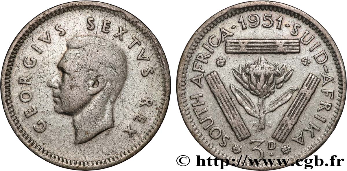 SOUTH AFRICA 3 Pence Georges VI 1951 Pretoria VF 