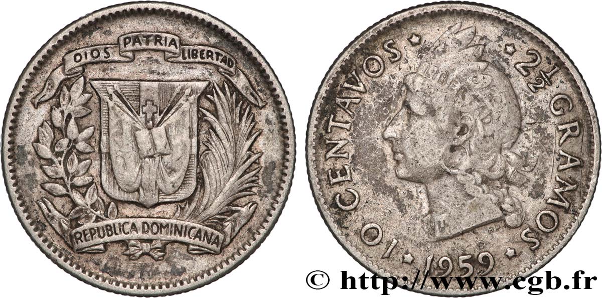 DOMINICAN REPUBLIC 10 Centavos 1959 Philadelphie XF 