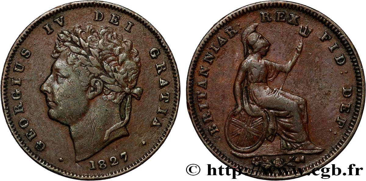 ROYAUME-UNI 1/3 Farthing Georges IV 1827  TTB 