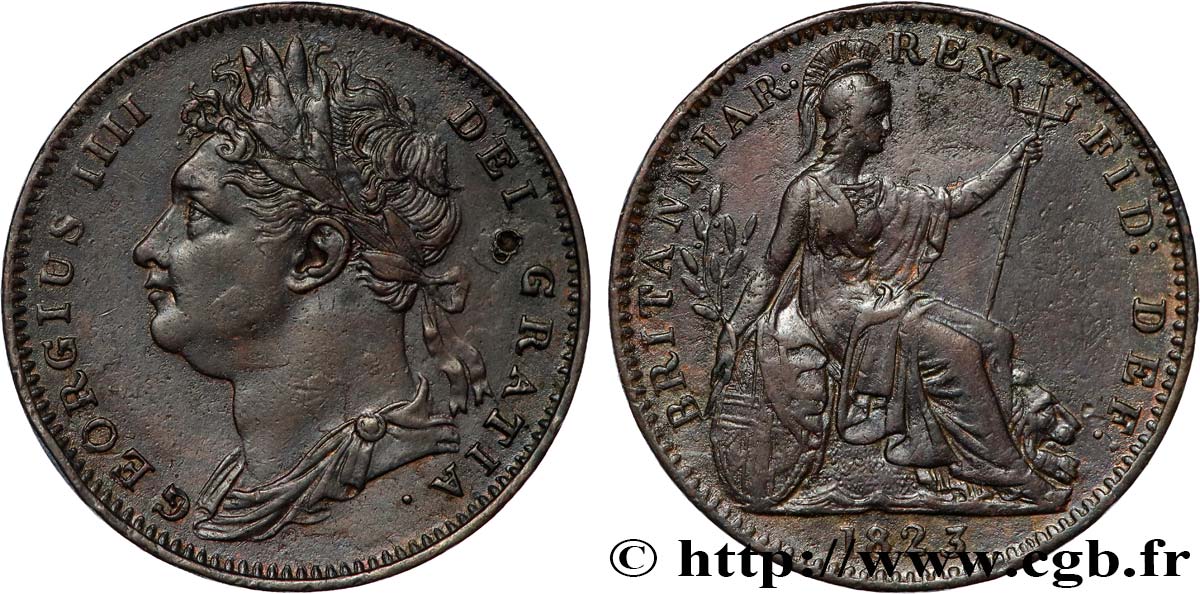 ROYAUME-UNI 1 Farthing Georges IV tête laurée 1823  TTB 