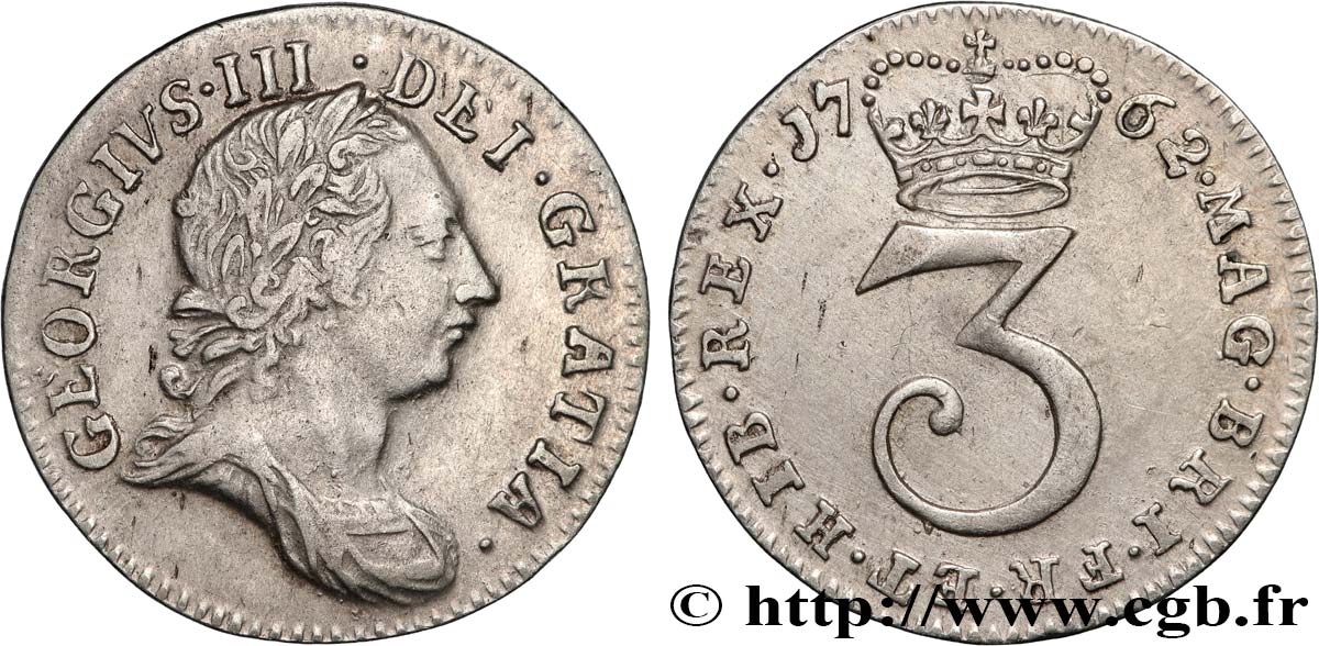 VEREINIGTEN KÖNIGREICH 3 Pence Georges III 1762  SS 