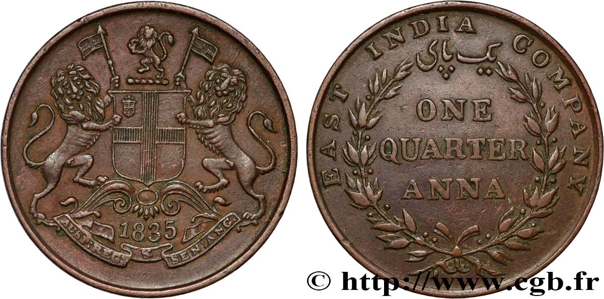 BRITISH INDIA 1/4 Anna East India Company 1835 Calcutta XF 