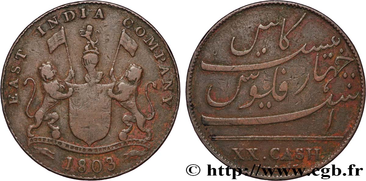 INDIA XX (20) Cash Madras East India Company 1803 Madras VF 