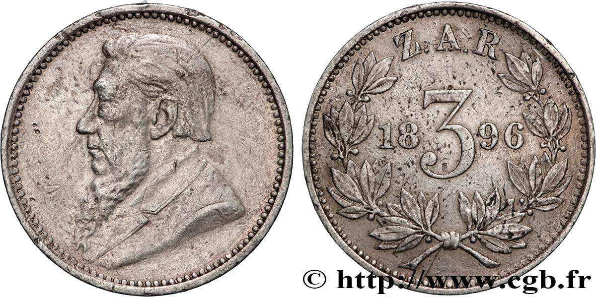 SOUTH AFRICA 3 Pence Kruger 1896  XF 